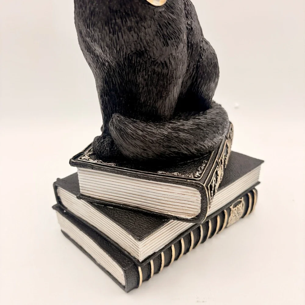 Black Cat Witch Figurine on Spell Books Gothic Halloween Decor Green Eyes Hat